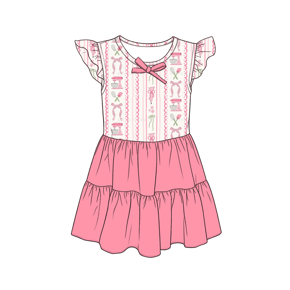 4.15 Pre order No Moq Baby Girl Ruffle Sleeve Tiered Dress, Cute Bow Summer Casual Sundress