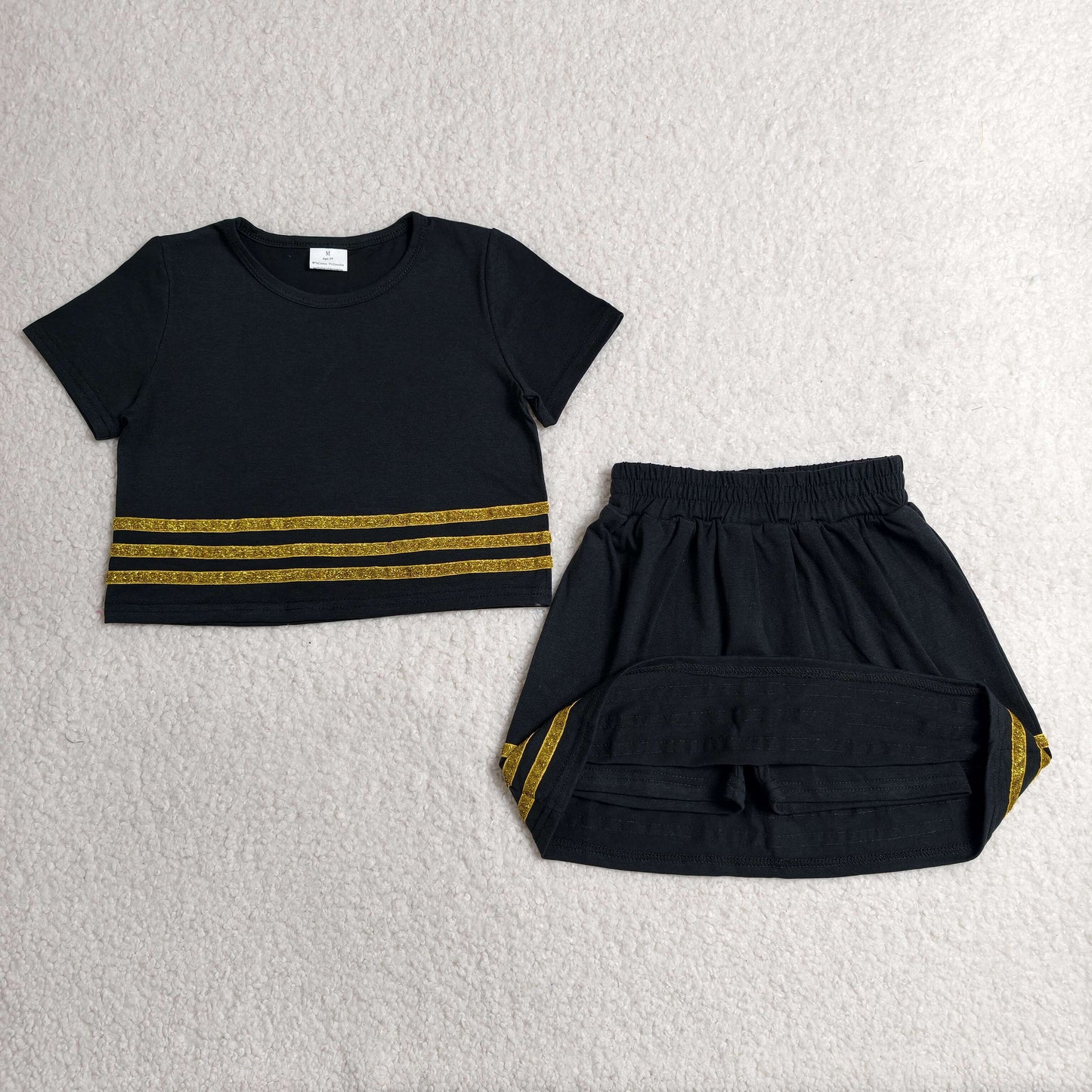 GSD4108 RTS NO MOQ （In stock）Baby Girls Black Short Sleeve Stripe Top Skirt Short Clothes Sets