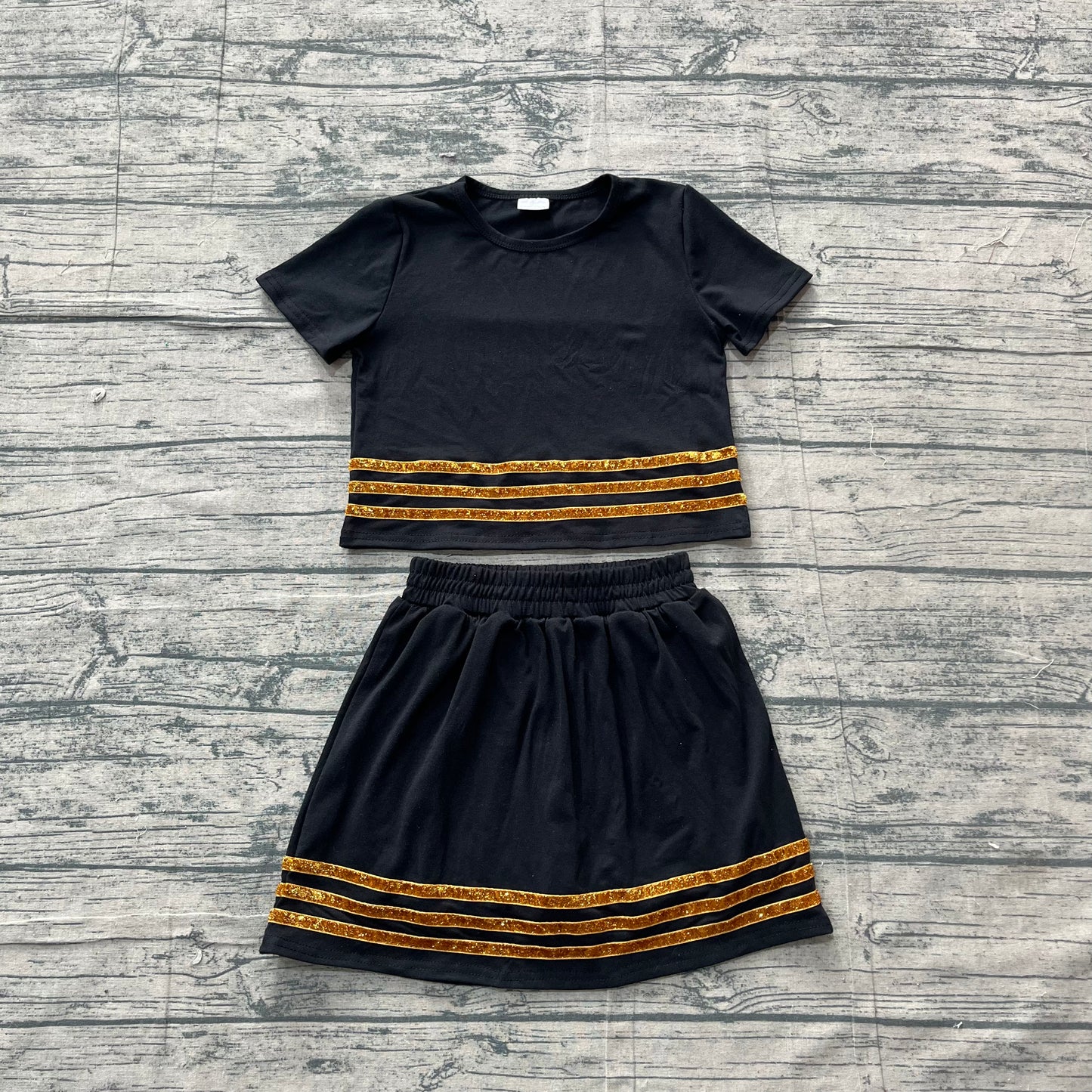 5.4 GSD4108 Sample No Moq Baby Girls Black Short Sleeve Stripe Top Skirt Short Clothes Sets