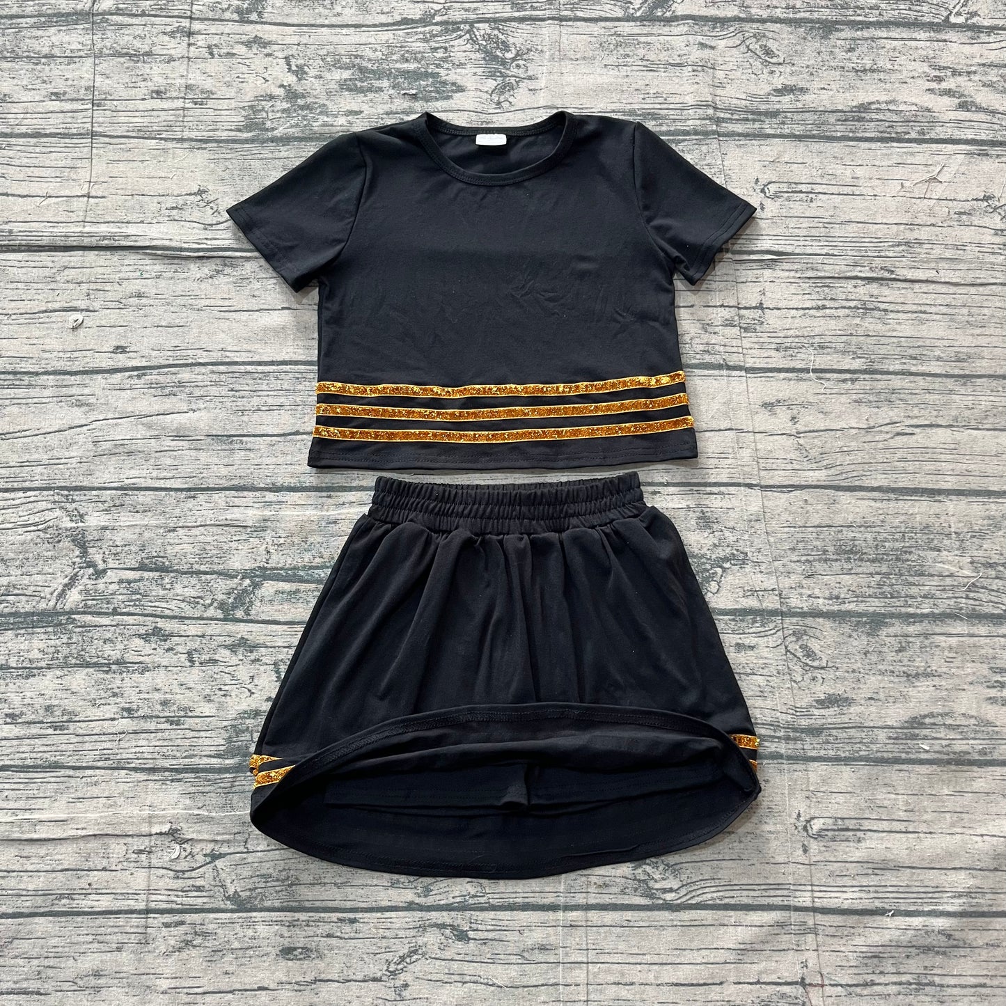 5.4 GSD4108 Sample No Moq Baby Girls Black Short Sleeve Stripe Top Skirt Short Clothes Sets