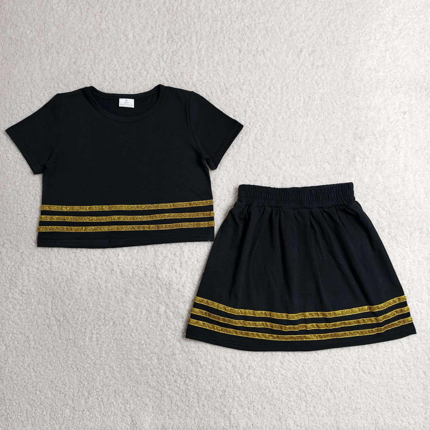GSD4108 RTS NO MOQ （In stock）Baby Girls Black Short Sleeve Stripe Top Skirt Short Clothes Sets