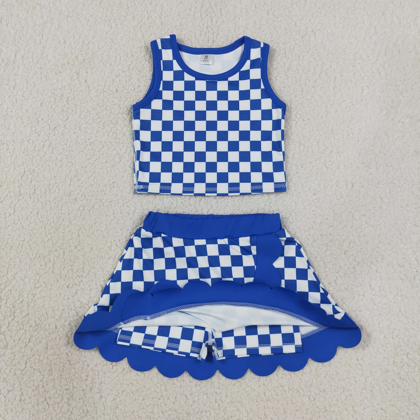GSD4110 RTS NO MOQ （In stock）Yoga Baby Girls Hot Blue Check Sleeveless Scallop Hem Vest Skort Yoga Active Clothes Set