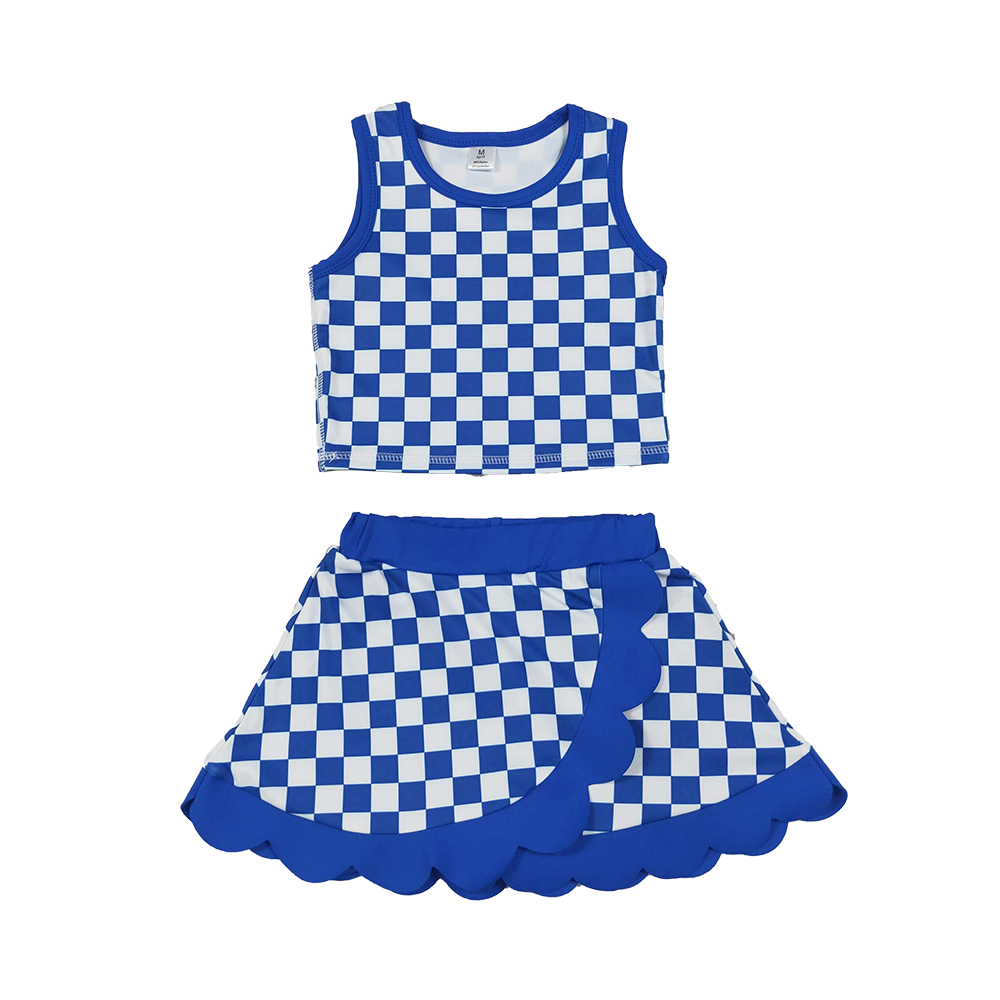 RTS Sibling yoga fabric Baby Girls Scallop Trim Crop Top Skort Two Piece Yoga Active Summer Outfit Set