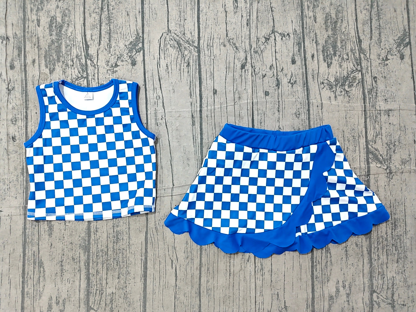 6.21 GSD4110 Sample No Moq Yoga Baby Girls Hot Blue Check Sleeveless Scallop Hem Vest Skort Yoga Active Clothes Set