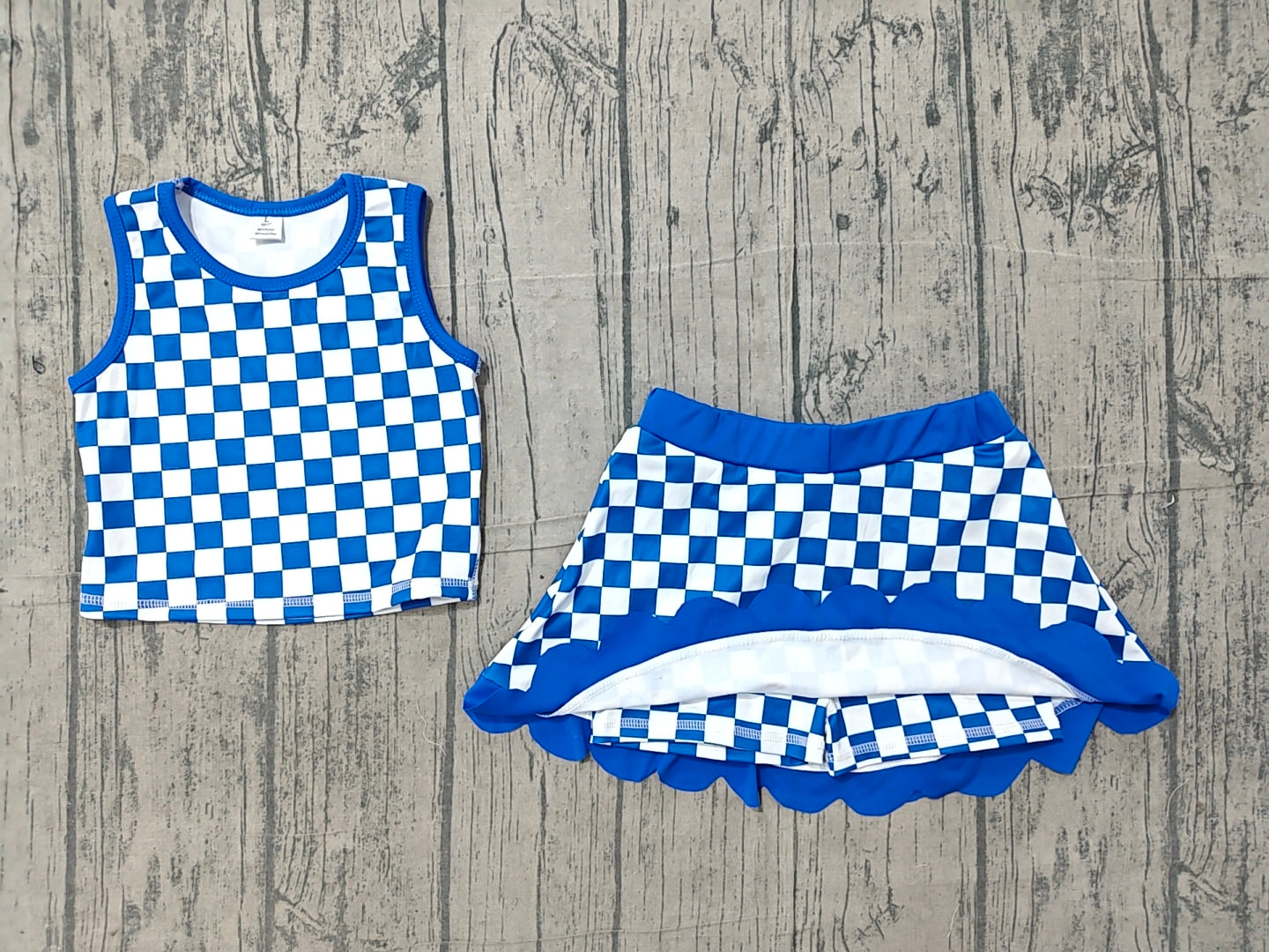 6.21 GSD4110 Sample No Moq Yoga Baby Girls Hot Blue Check Sleeveless Scallop Hem Vest Skort Yoga Active Clothes Set