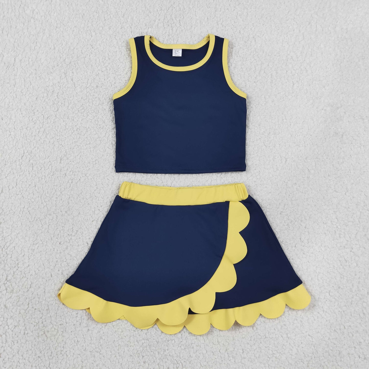 RTS Sibling yoga fabric Baby Girls Scallop Trim Crop Top Skort Two Piece Yoga Active Summer Outfit Set