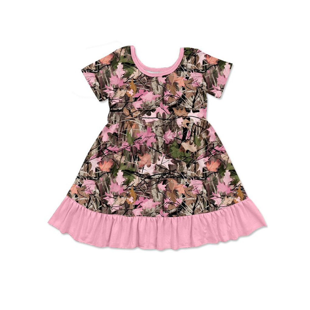 4.21 Pre order No Moq Baby Girls Short Sleeve Pink Leaves Camo Top Ruffle Pant Pajamas Sets dress and romper