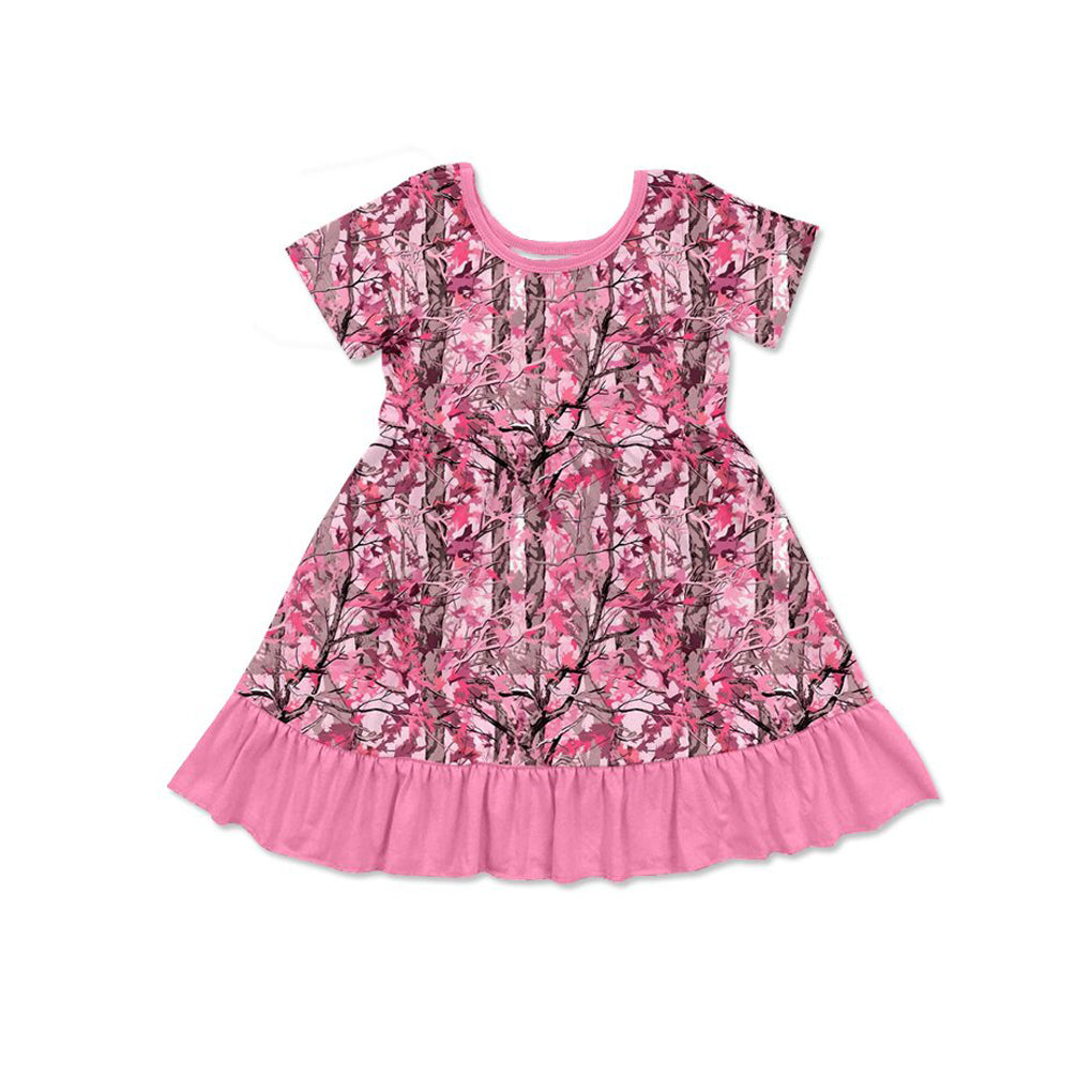 4.21 Pre order No Moq Baby Girls Short Sleeve Pink Leaves Camo Top Ruffle Pant Pajamas Sets dress and romper