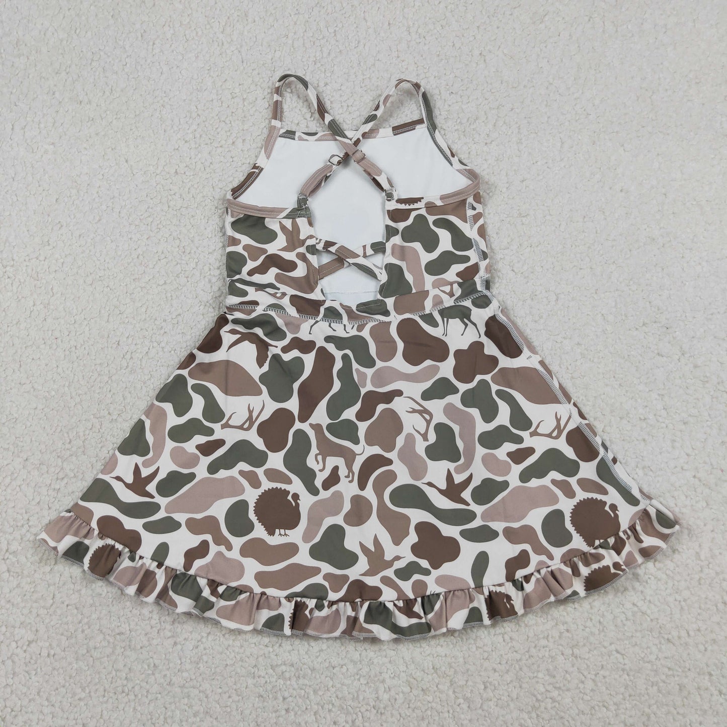 GSD4117 RTS NO MOQ （In stock）Baby Girls Strap Green Deer Dogs Ducks Camo Yoga Ruffle Knee Length Dresses