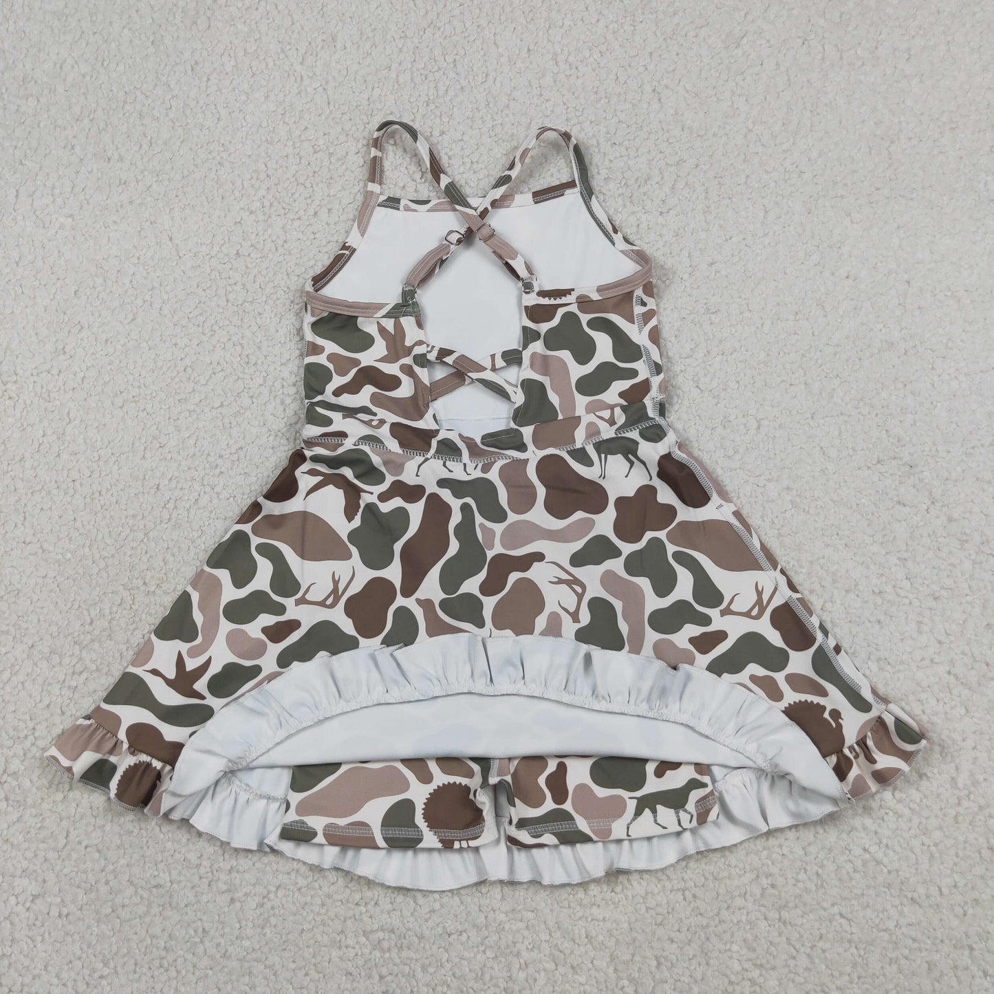 GSD4117 RTS NO MOQ （In stock）Baby Girls Strap Green Deer Dogs Ducks Camo Yoga Ruffle Knee Length Dresses