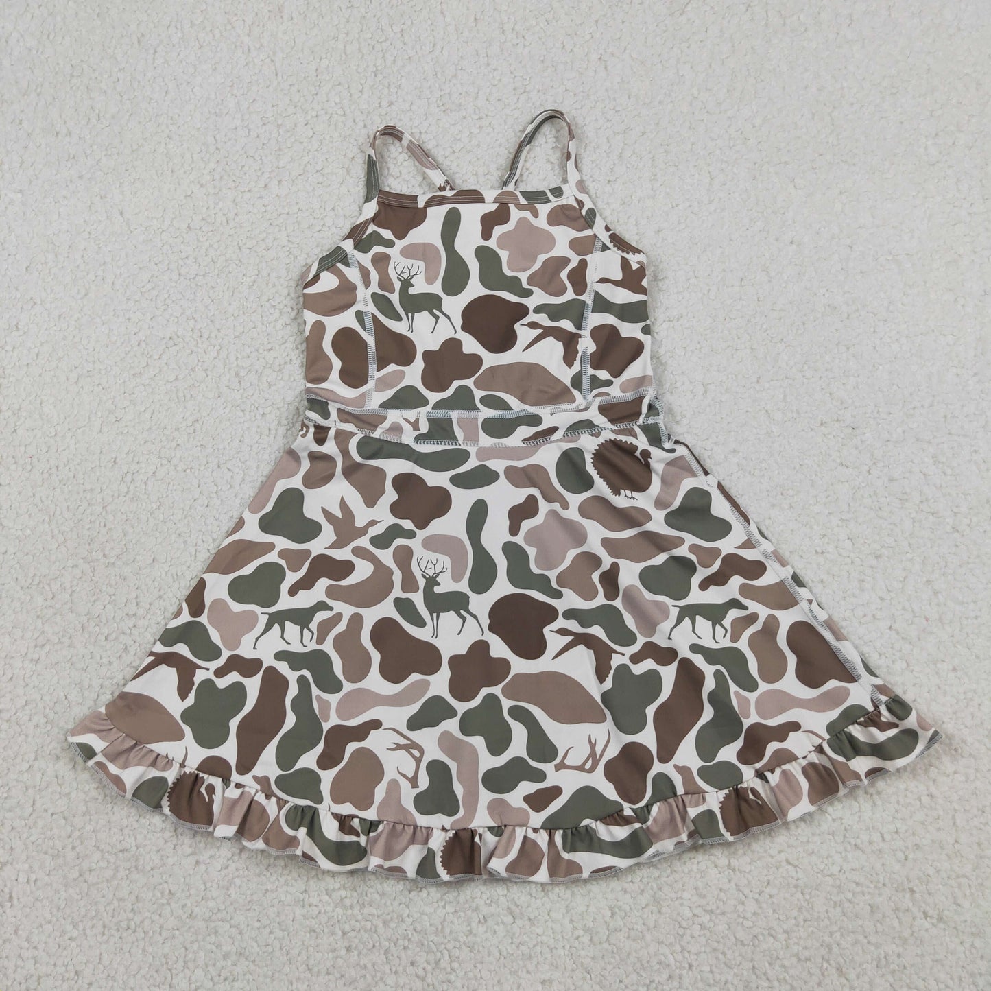 GSD4117 RTS NO MOQ （In stock）Baby Girls Strap Green Deer Dogs Ducks Camo Yoga Ruffle Knee Length Dresses