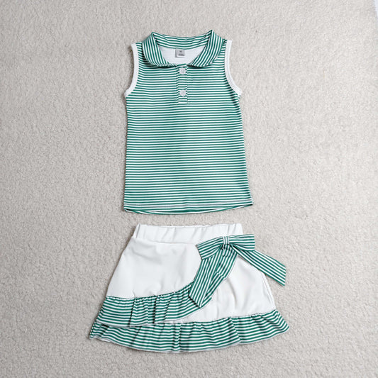 GSD4121 RTS NO MOQ （In stock） Baby Girls Green Stripe Button Vest Top Ruffle Skirt Short Yoga Active Clothes Set