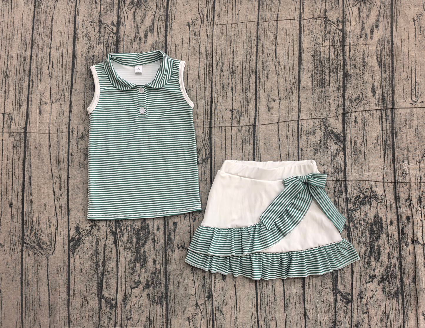 5.8 GSD4121 Sample No Moq Baby Girls Green Stripe Button Vest Top Ruffle Skirt Short Yoga Active Clothes Set