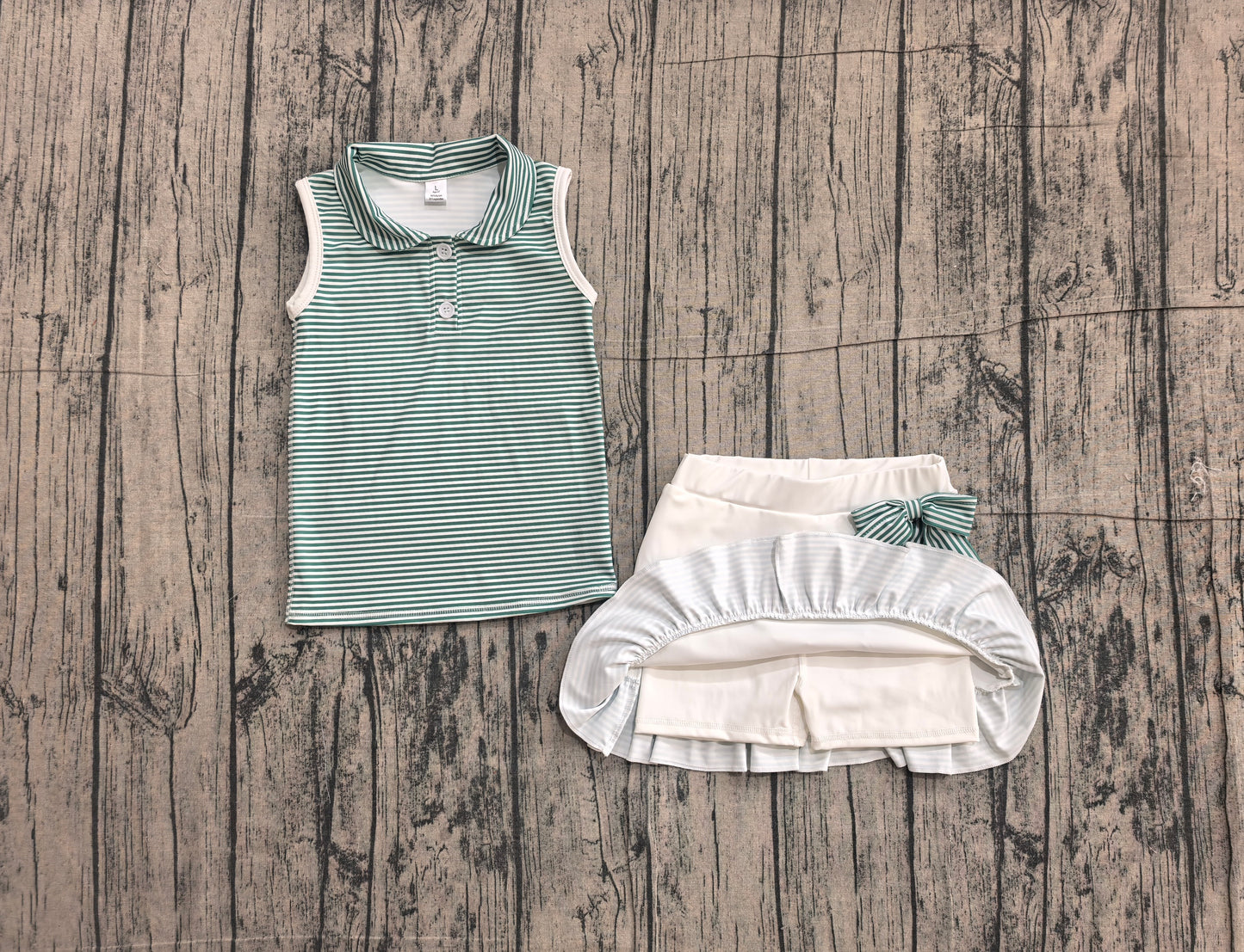 5.8 GSD4121 Sample No Moq Baby Girls Green Stripe Button Vest Top Ruffle Skirt Short Yoga Active Clothes Set