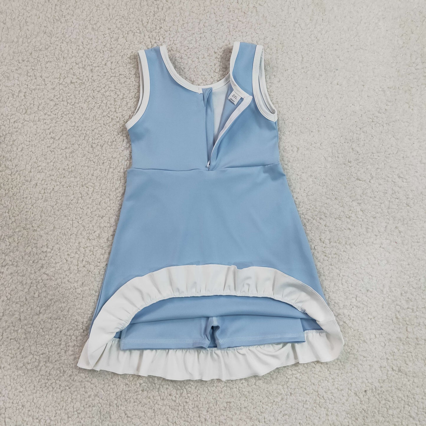 GSD4124 RTS NO MOQ （In stock）Sleeveless light blue scallop princess kids girls athletic dress