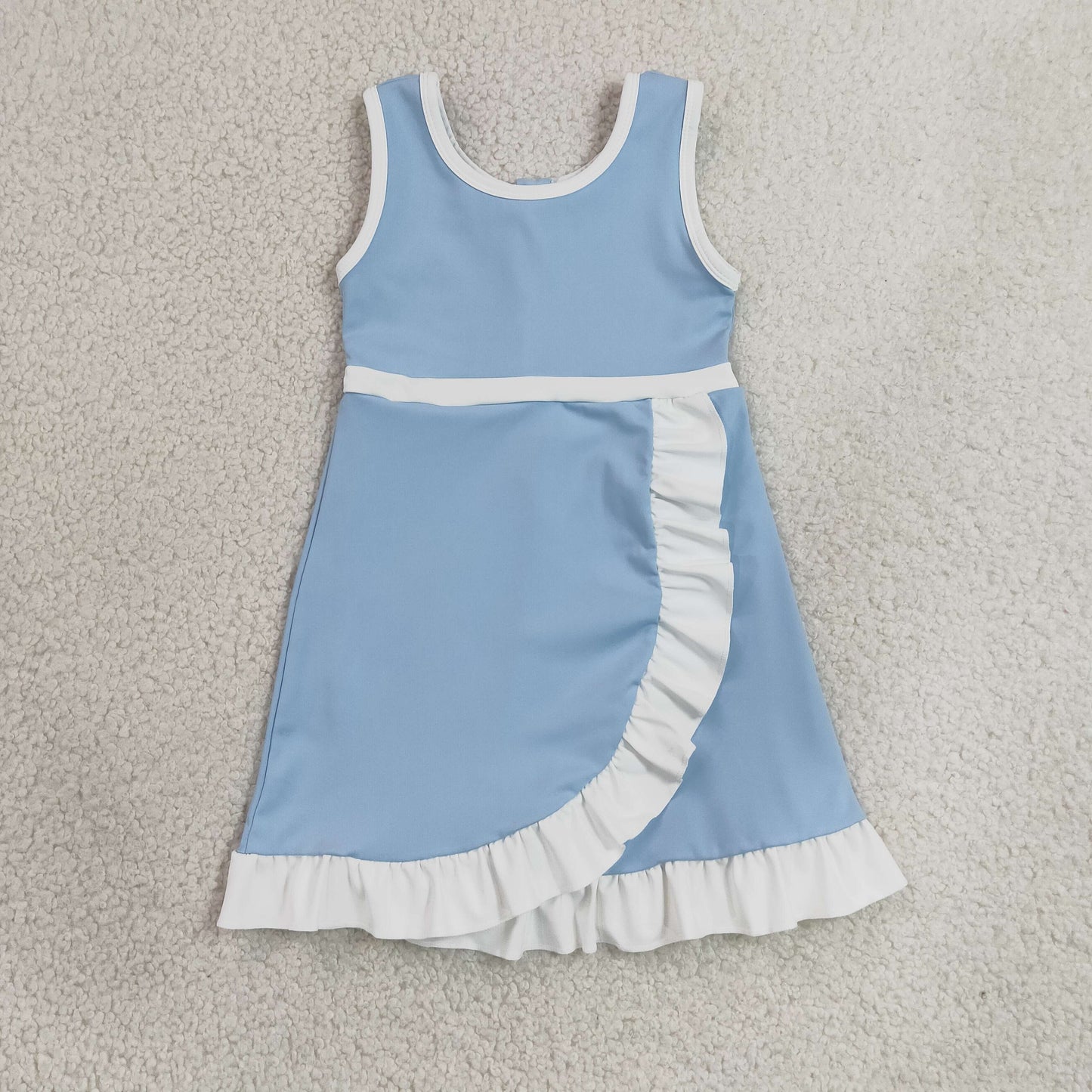 GSD4124 RTS NO MOQ （In stock）Sleeveless light blue scallop princess kids girls athletic dress
