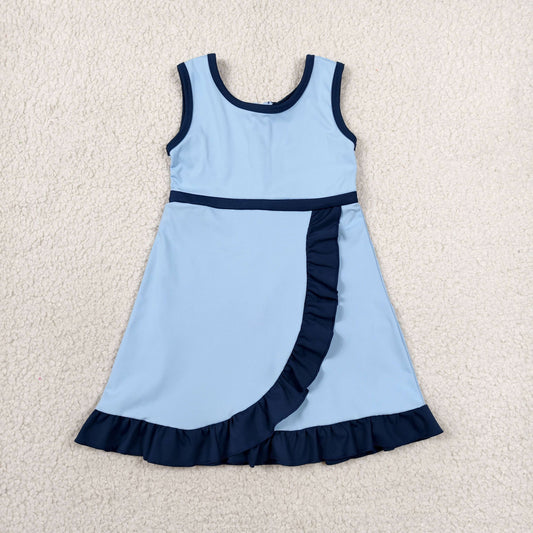 GSD4126 RTS NO MOQ （In stock）Sleeveless blue dog scallop kids girls athletic dress