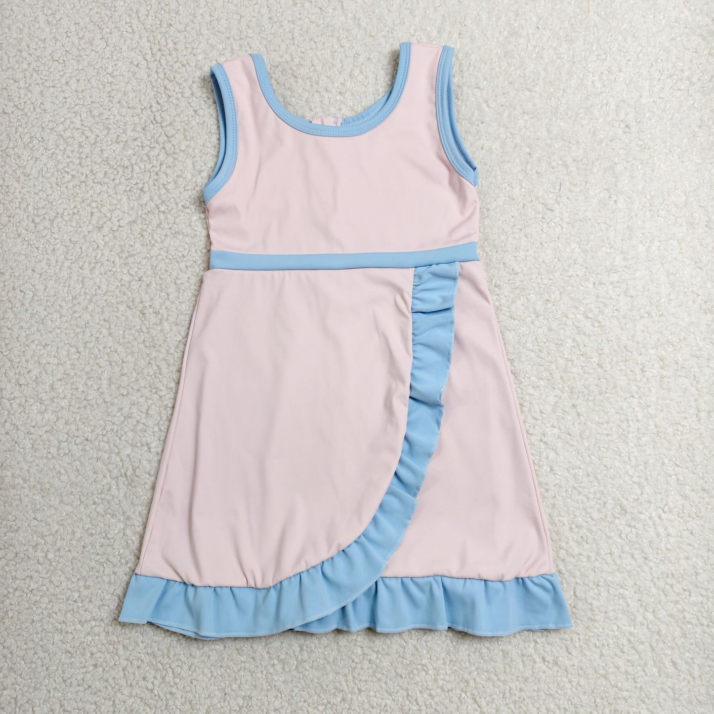 GSD4129 RTS NO MOQ （In stock）Sleeveless light pink scallop kids girls athletic dress