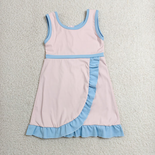 GSD4129 RTS NO MOQ （In stock）Sleeveless light pink scallop kids girls athletic dress
