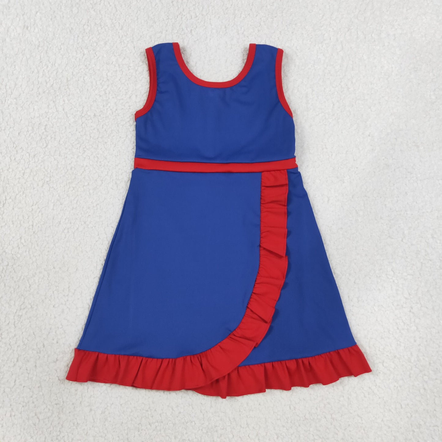 GSD4133  RTS NO MOQ （In stock）cotton Baby Girls Navy Printed Sleeveless Scallop Yoga Active Short Knee Length Dress