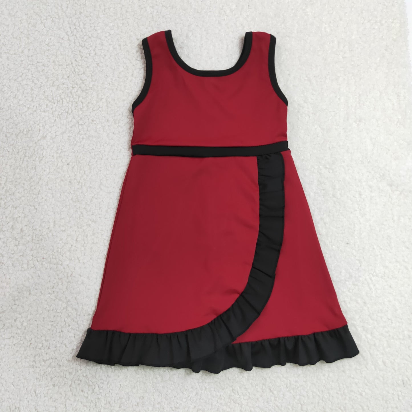 7.3 GSD4135RTS NO MOQ （In stock）Sleeveless maroon black scallop kids girls team athletic dress