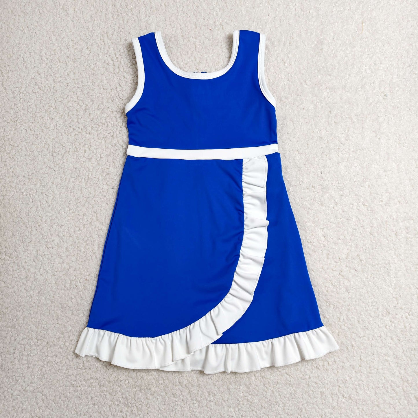 GSD4141 RTS NO MOQ （In stock）Sleeveless blue white scallop kids girls team athletic dress