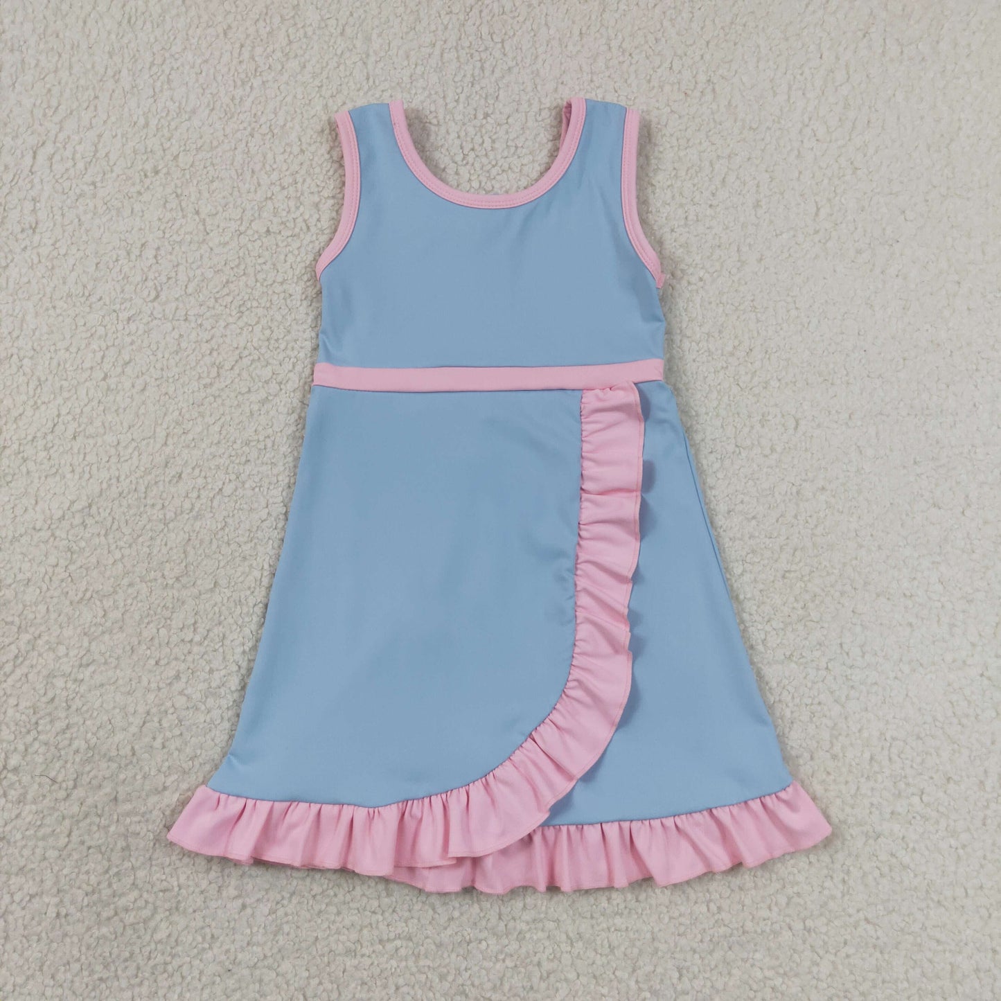 GSD4144 RTS NO MOQ （In stock）Baby Girls Sleeveless Blue Pink Yoga Active Short Scallop Knee Length Dress