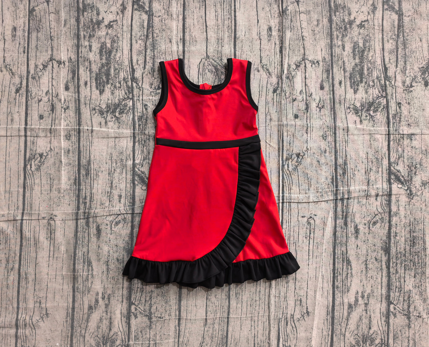 5.13 GSD4146 Sample No Moq Baby Girls Sleeveless Red Black Yoga Active Short Scallop Knee Length Dress