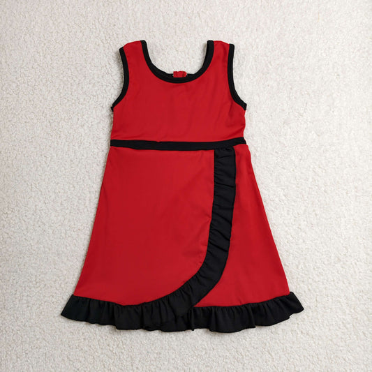GSD4146 RTS NO MOQ （In stock）Sleeveless red black scallop team kids girls athletic dress