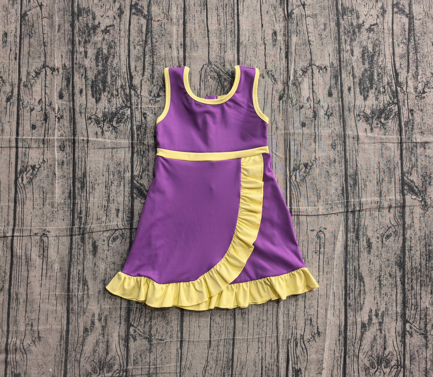 5.13 GSD4147 Sample No Moq Baby Girls Sleeveless Purple Yellow Yoga Active Short Scallop Knee Length Dress