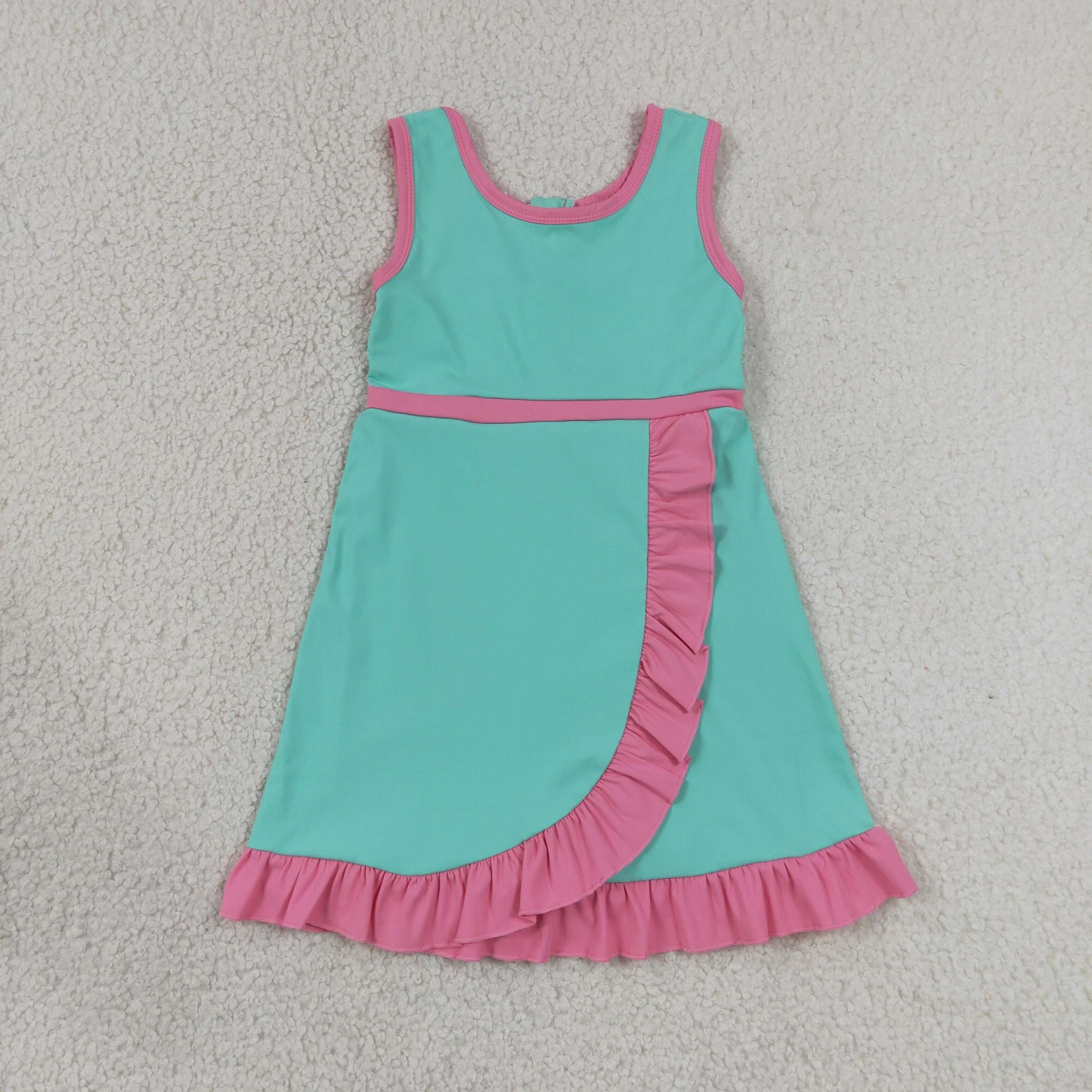 7.4 GSD4149 RTS NO MOQ （In stock）Baby Girls Sleeveless Pink Aqua Yoga Active Short Scallop Knee Length Dress
