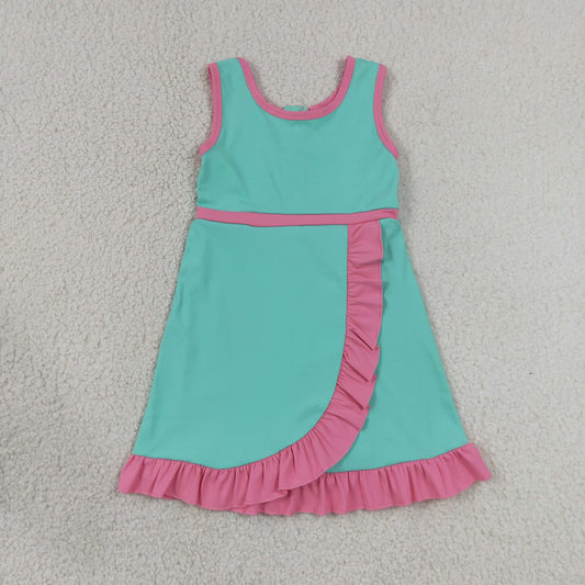 7.4 GSD4149 RTS NO MOQ （In stock）Baby Girls Sleeveless Pink Aqua Yoga Active Short Scallop Knee Length Dress