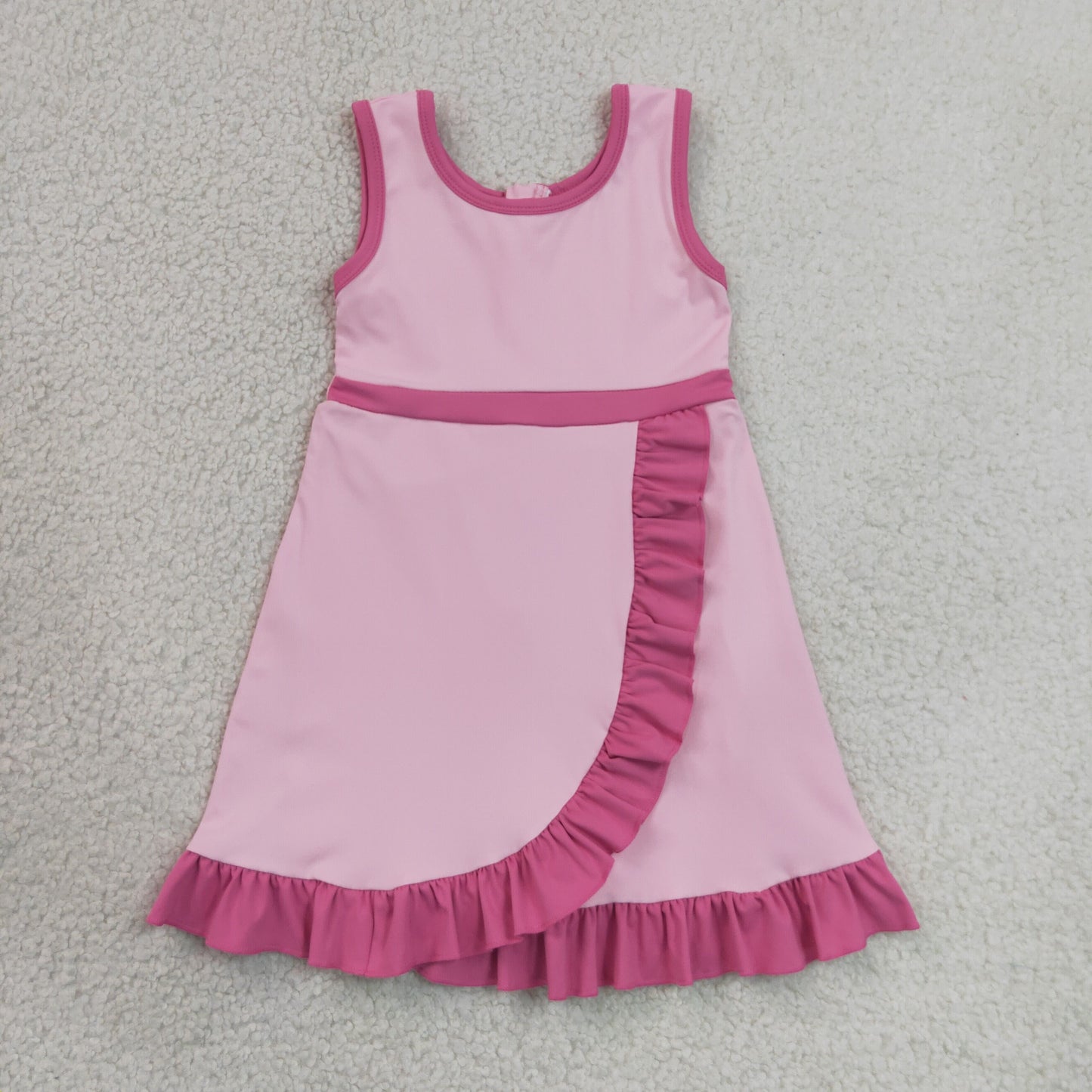 GSD4152 RTS NO MOQ （In stock）Baby Girls Sleeveless Pink Purple Yoga Active Short Scallop Knee Length Dress