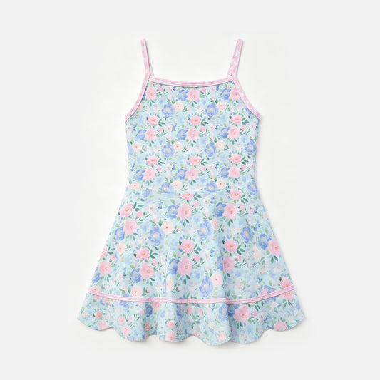 4.27 GSD4112 Pre order No Moq AIER-1  Baby Girls Pink Strap Colorful Flowers Scallop Knee Length Dresses