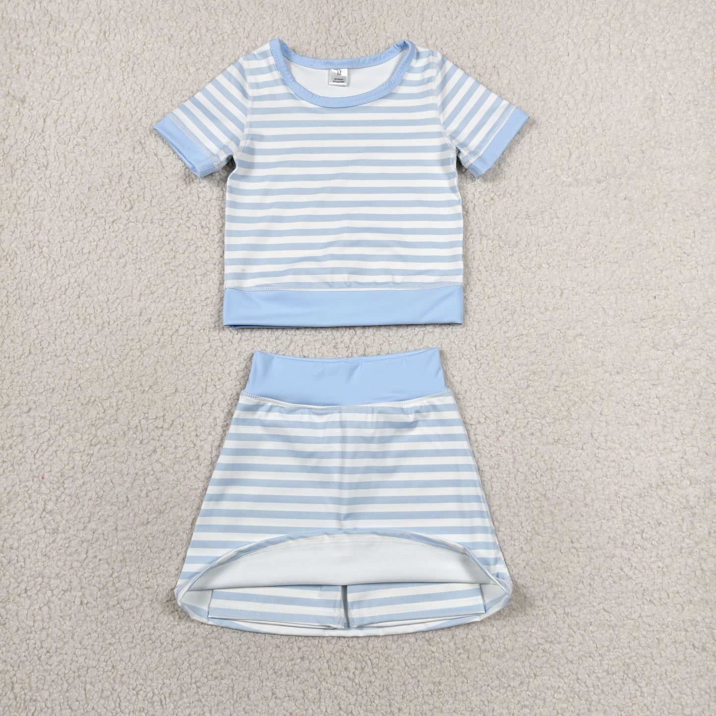 GSD4162 RTS NO MOQ （In stock）Baby Girls Blue Stripe Top Skirt Shorts Yoga Active Clothes Sets