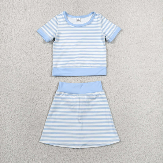 GSD4162 RTS NO MOQ （In stock）Baby Girls Blue Stripe Top Skirt Shorts Yoga Active Clothes Sets