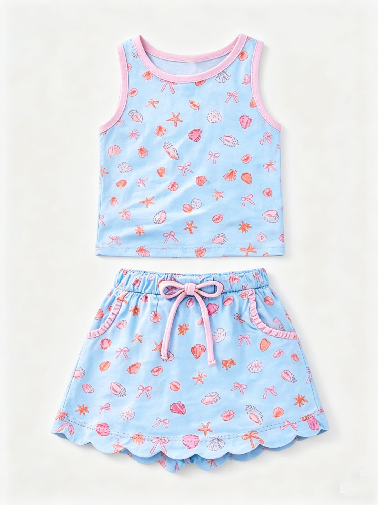 4.29 GSD4163 Pre order No Moq Baby Girls Summer Bows Starfishes Vest Pocket Scallop Skirt Set