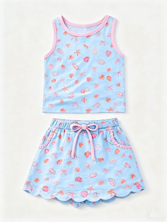 4.29 GSD4163 Pre order No Moq Baby Girls Summer Bows Starfishes Vest Pocket Scallop Skirt Set