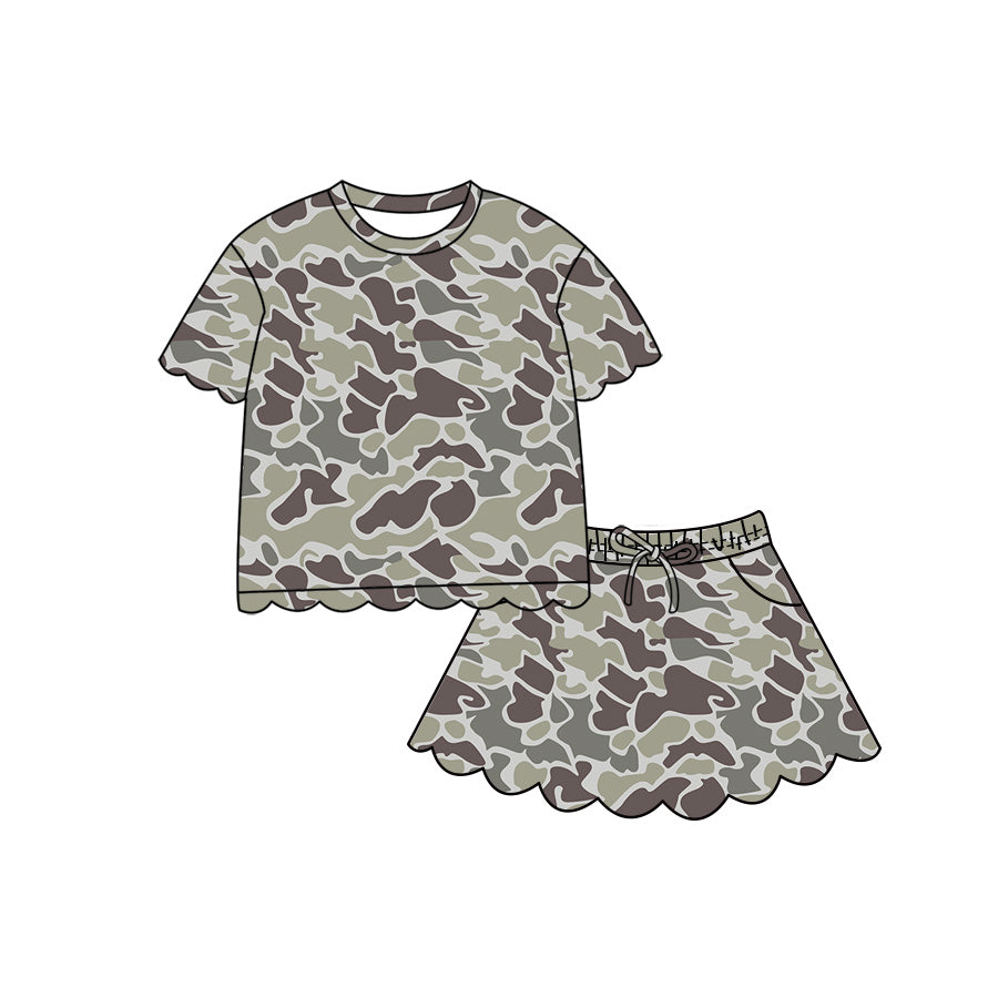4.29 Pre order No Moq Baby Girls Casual Camo Short Sleeve Top Scallop Pockets Skirt Shorts Bottom Sets