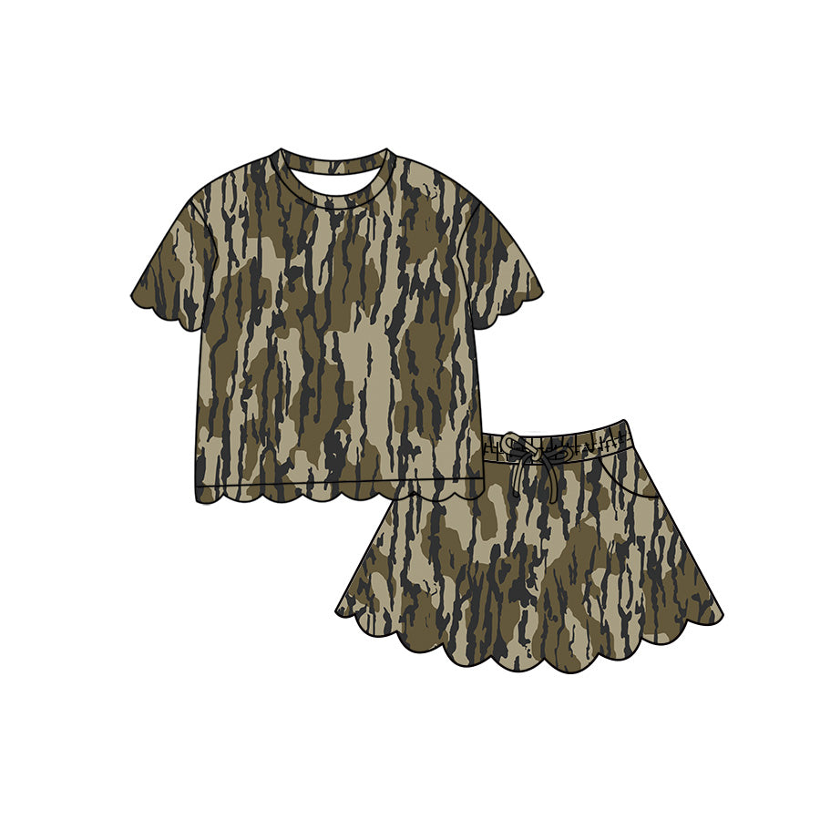 4.29 Pre order No Moq Baby Girls Casual Camo Short Sleeve Top Scallop Pockets Skirt Shorts Bottom Sets
