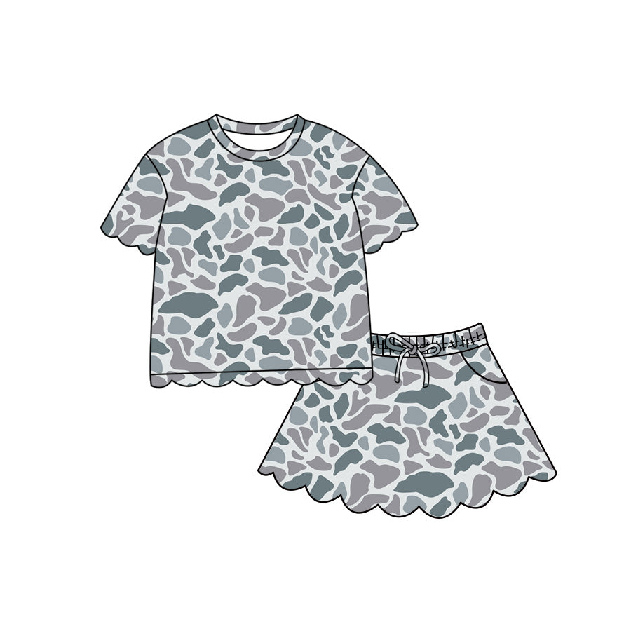 4.29 Pre order No Moq Baby Girls Casual Camo Short Sleeve Top Scallop Pockets Skirt Shorts Bottom Sets