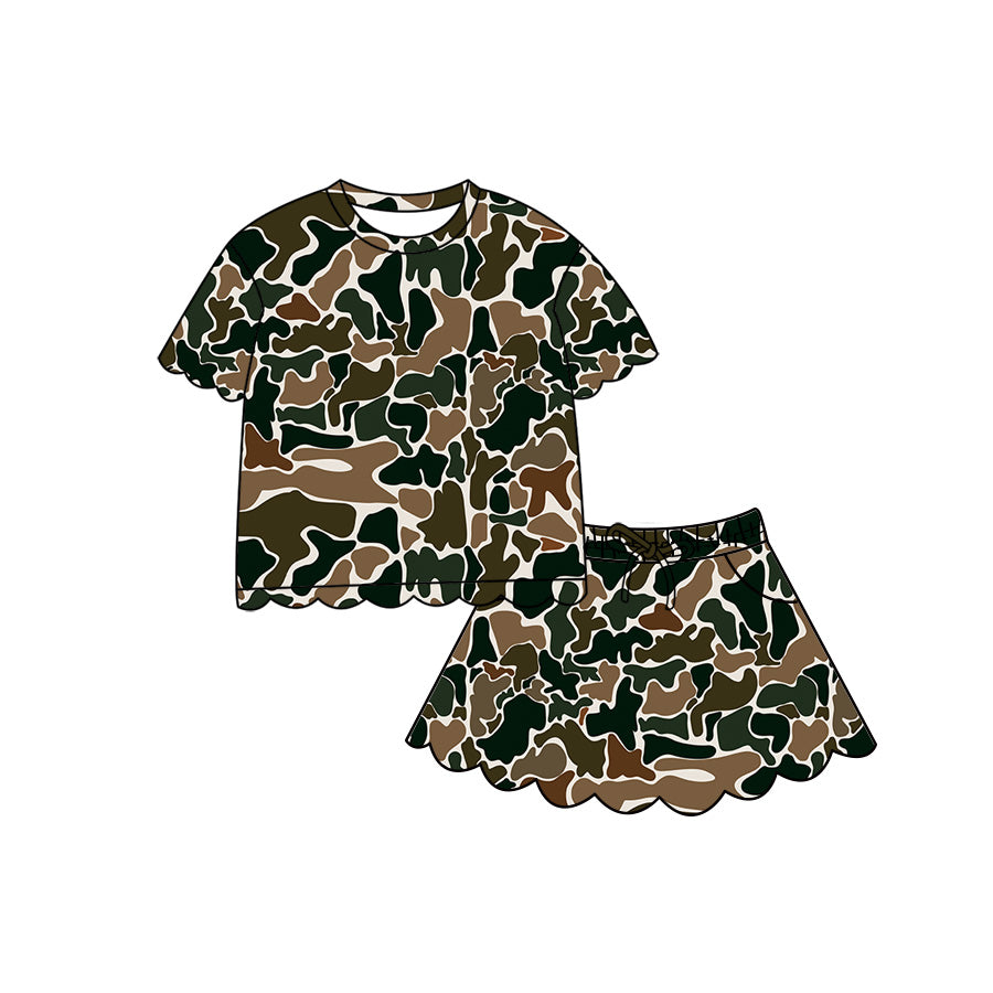 4.29 Pre order No Moq Baby Girls Casual Camo Short Sleeve Top Scallop Pockets Skirt Shorts Bottom Sets