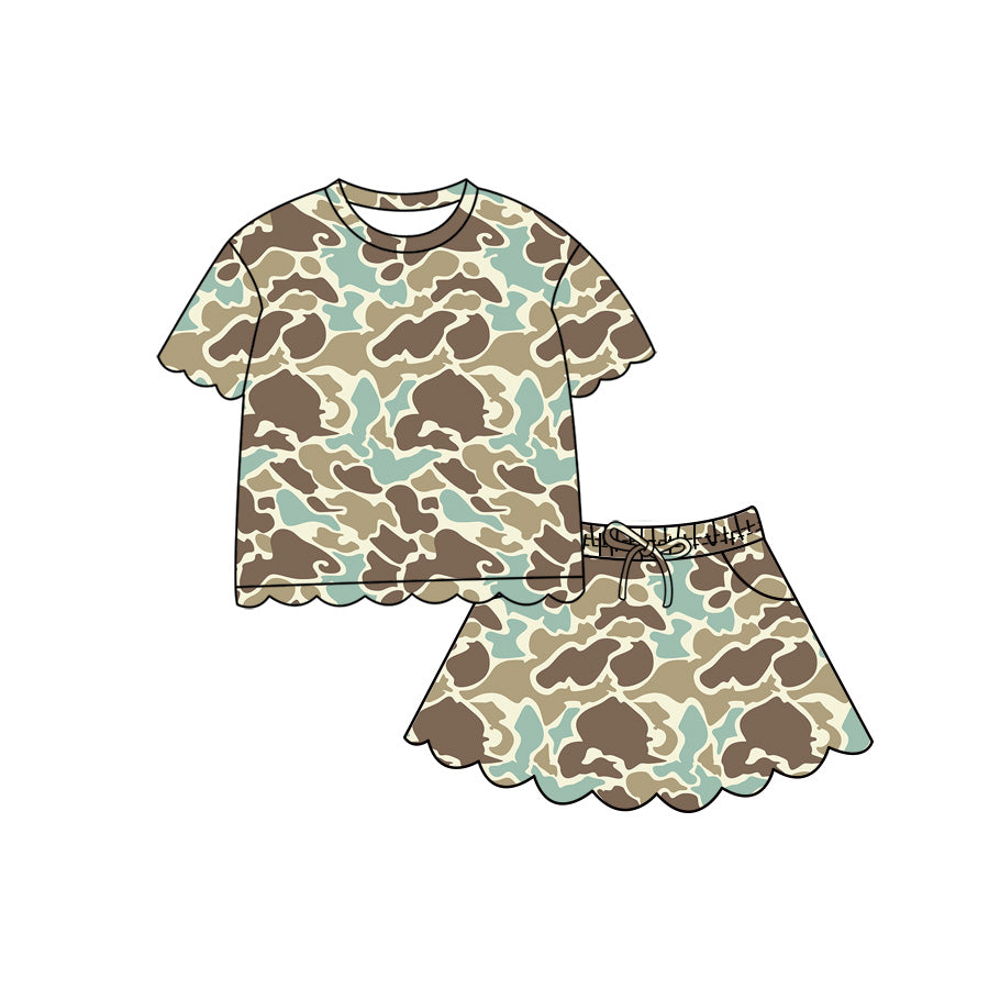 4.29 Pre order No Moq Baby Girls Casual Camo Short Sleeve Top Scallop Pockets Skirt Shorts Bottom Sets