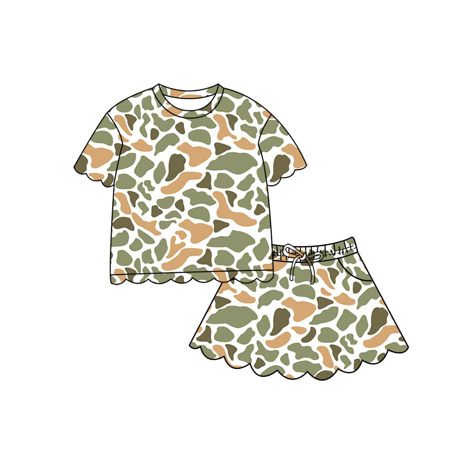 4.29 Pre order No Moq Baby Girls Casual Camo Short Sleeve Top Scallop Pockets Skirt Shorts Bottom Sets