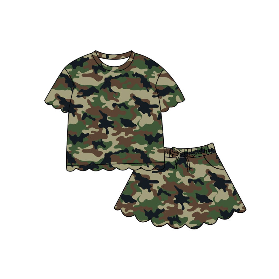 4.29 Pre order No Moq Baby Girls Casual Camo Short Sleeve Top Scallop Pockets Skirt Shorts Bottom Sets