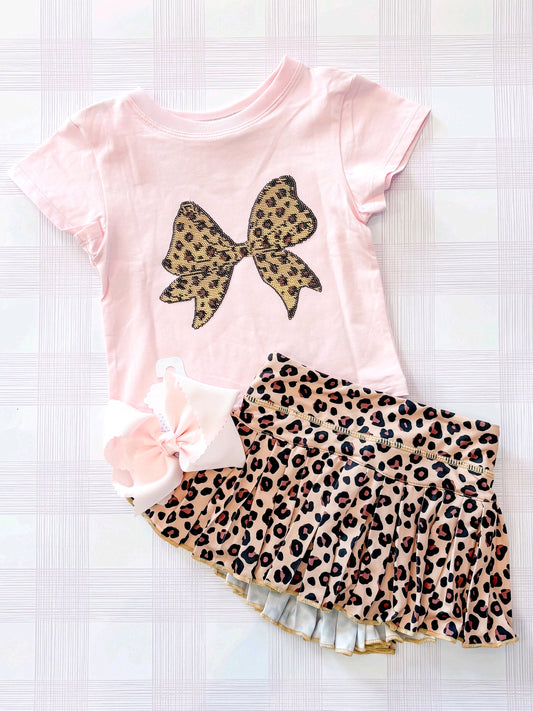 4.29 GSD4174 Pre order No Moq Baby Girls Sweet Pink Leopard Bow Top Ruffle Skirt Summer Set