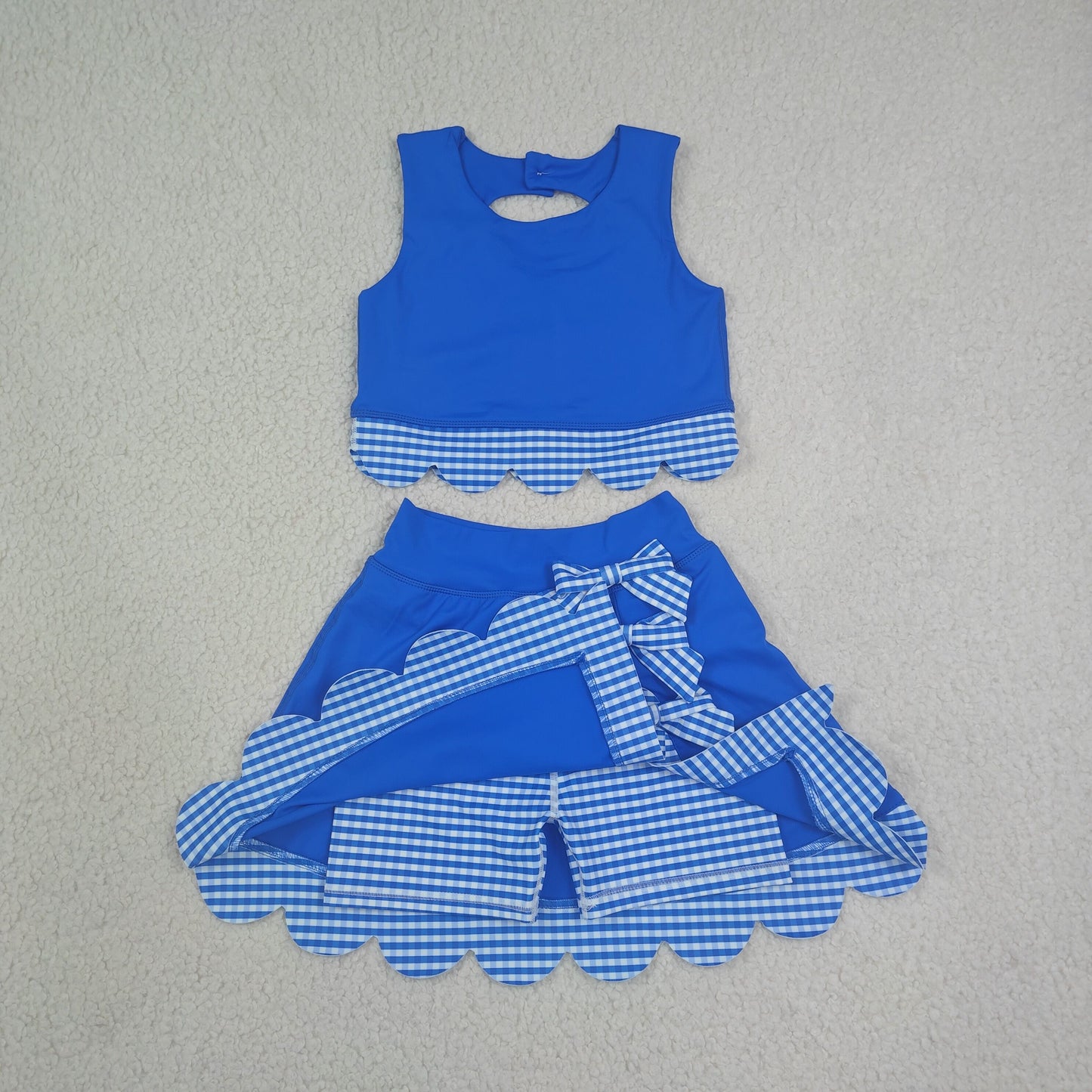 GSD4177 RTS NO MOQ （In stock） Baby Girls Summer Sleeveless Blue Vest Scallop Skirt Yoga Active Set
