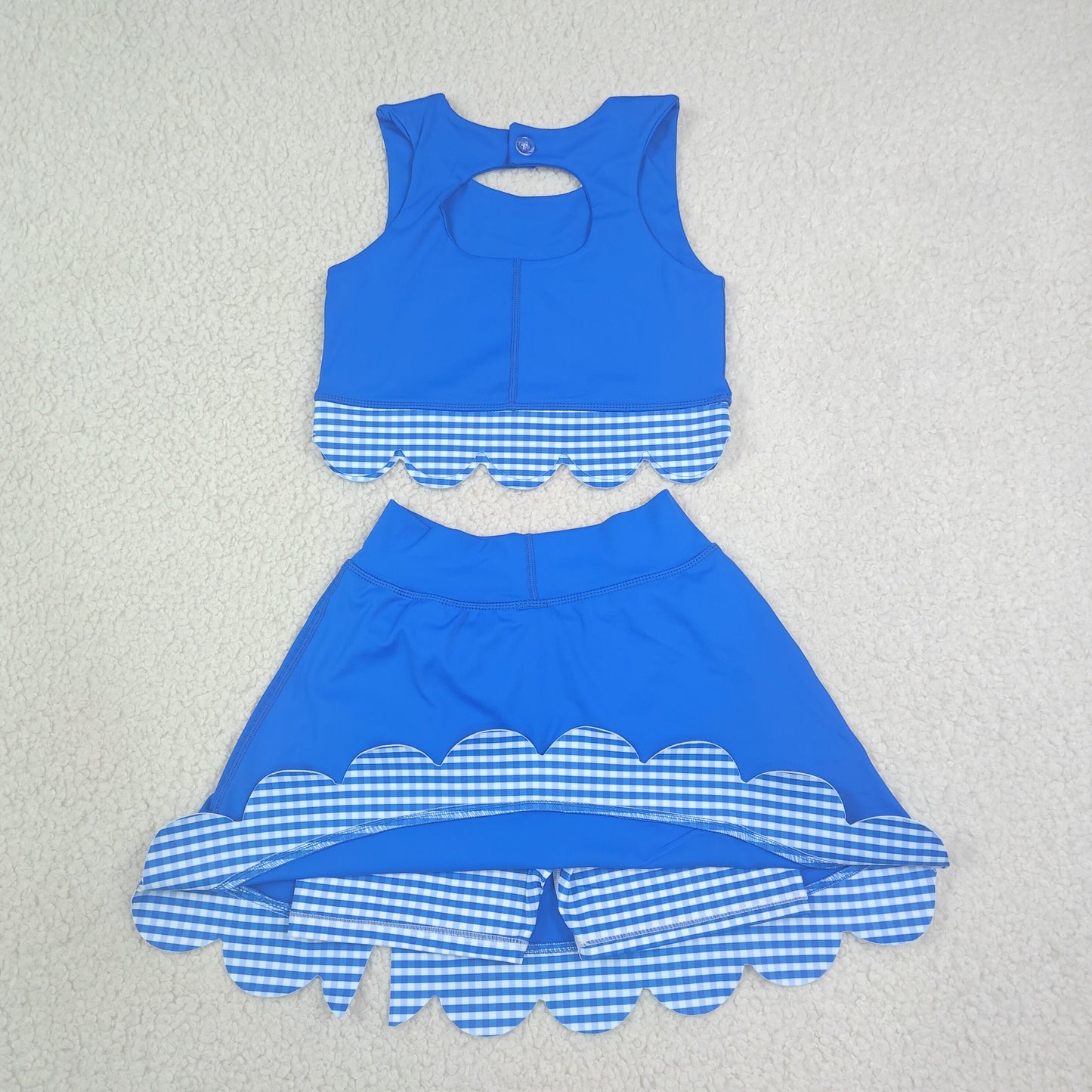 GSD4177 RTS NO MOQ （In stock） Baby Girls Summer Sleeveless Blue Vest Scallop Skirt Yoga Active Set