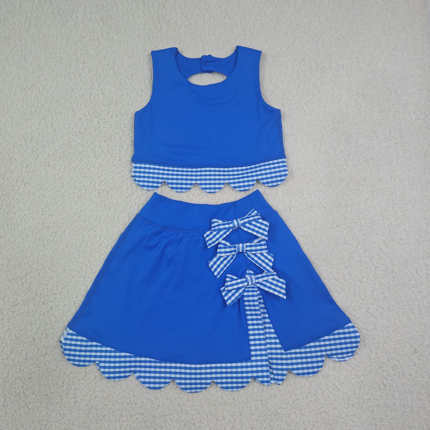 RTS NO MOQ Sibling yoga fabric Baby Girls Vest Bows Skirt Short Yoga Active Scallop Clothes Set Bow Scallop Edge Skort Girls Active Wear