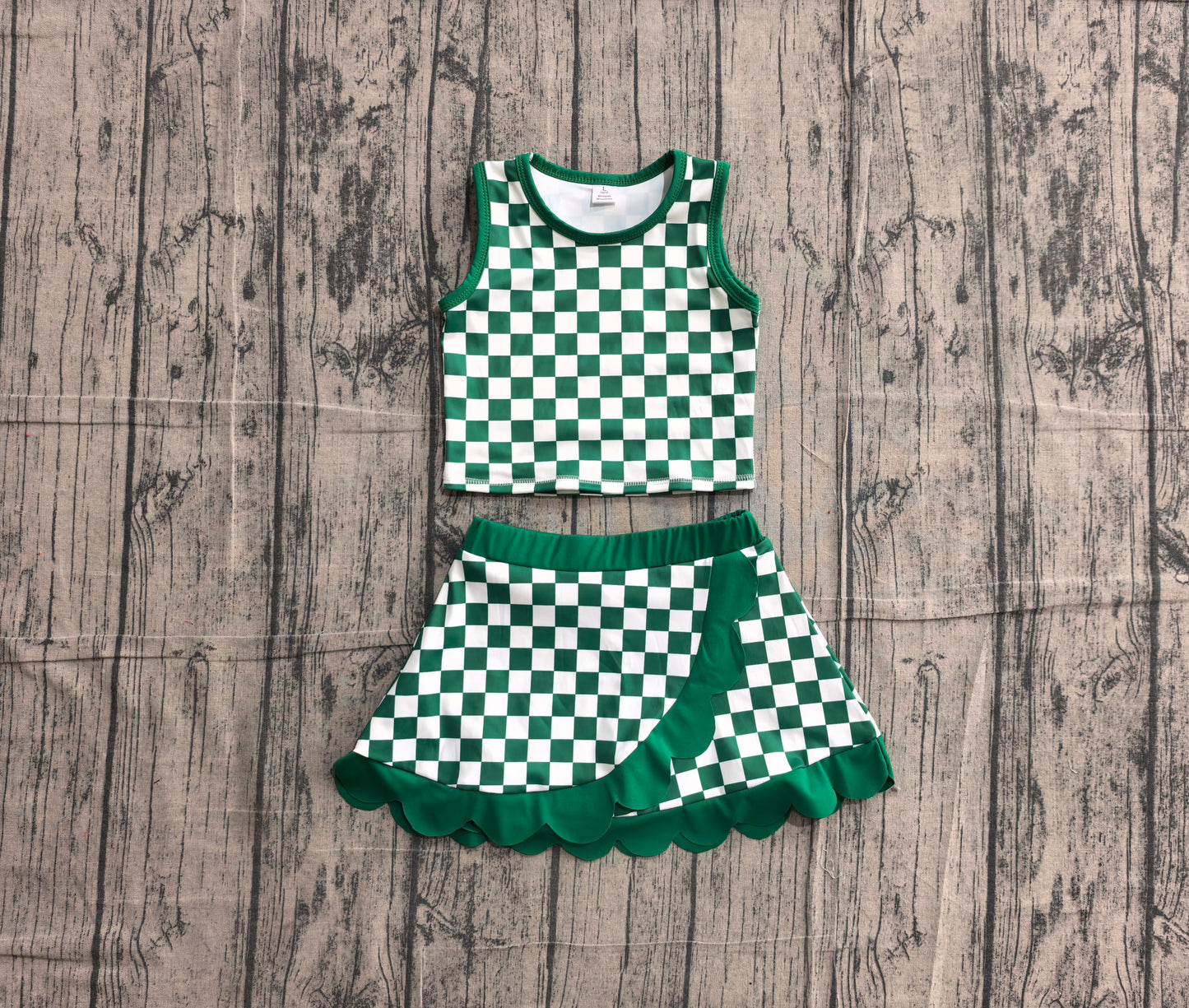5.13 GSD4178 Sample No Moq Baby Girls Green Checked Vest Top Scallop Skirt Short Yoga Active Clothes Set